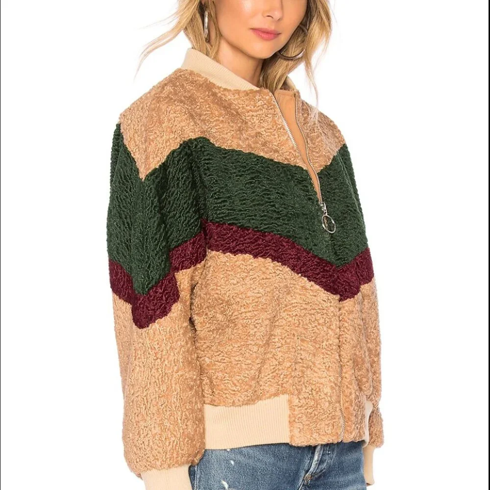 REVOLVE X J.O.A. Colorblock Teddy Faux Fur Jacket In Beige‎ & Forest SZ Small - Picture 4 of 11